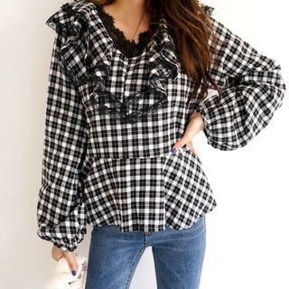 Lace Ruffle-trim Plaid Peplum Top