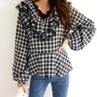 Lace Ruffle-trim Plaid Peplum Top