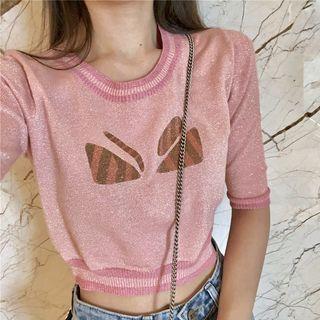 Printed Short Sleeve Cropped Knit Top