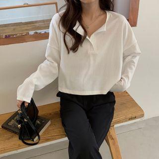Lapel Plain Long-sleeve Top White - One Size