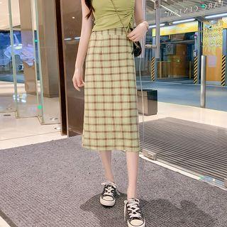 Plaid Back-split Midi A-line Skirt
