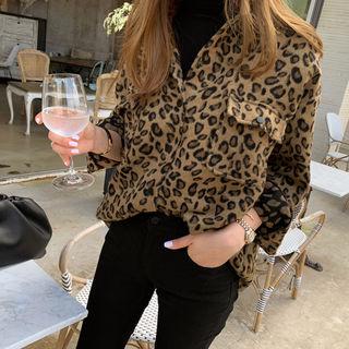 Flap-pocket Leopard Shirt Dark Beige - One Size