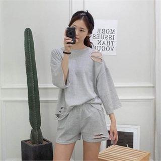 Set: 3/4-sleeve Distressed Top + Sweat Shorts
