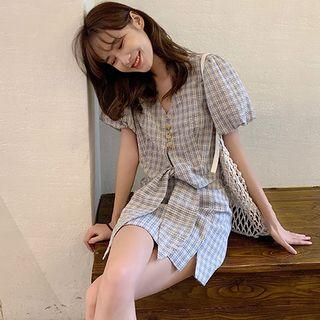 Plaid Short-sleeve Blouse / A-line Skirt / A-line Dress