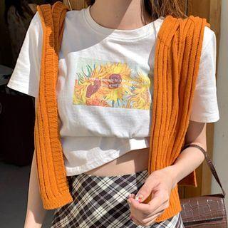 Flower Print Short-sleeve T-shirt / Rib Knit Shawl