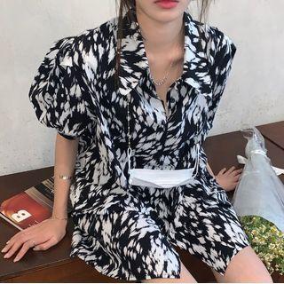 Puff-sleeve Abstract Print Mini Shirtdress Black & White - One Size