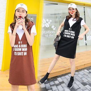 Set: Plain Short Sleeve T-shirt + Lettering Sleeveless Hoodie Dress