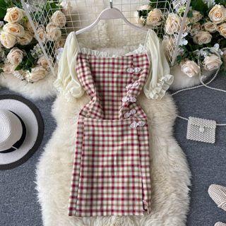 Short-sleeve Panel Plaid Slit Mini Sheath Dress