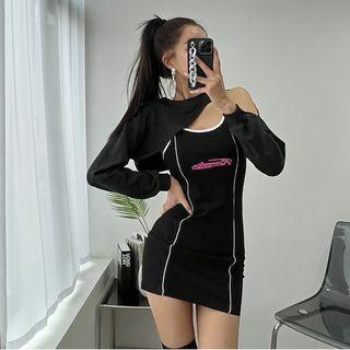 Set: Bolero Top + Contrast-trim Camisole Minidress Black - One Size