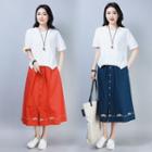 Set: Plain Short-sleeve Top + Embroidered Midi Skirt
