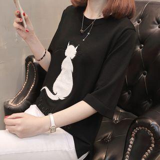 Elbow-sleeve Cat-print Knit Top