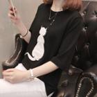 Elbow-sleeve Cat-print Knit Top