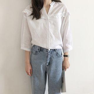 Ruffle Trim 3/4 Sleeve Blouse White - One Size