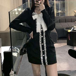 Long-sleeve Lace Trim Bow-front Knit Mini Sheath Dress