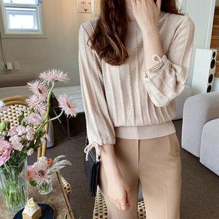 3/4-sleeve Tie-cuff Punched Knit Top