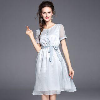 Bow Accent Short Sleeve Mesh Dress