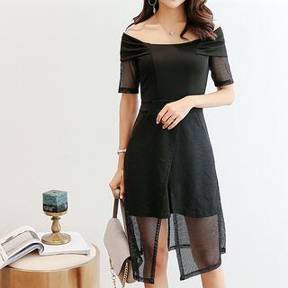 Short-sleeve Off Shoulder Midi A-line Dress