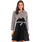 Stand Collared Tie-waist Stripe Panel Dress