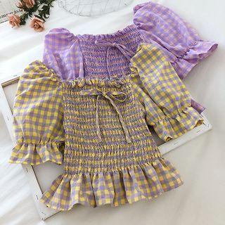 Plaid Smocked Puff-sleeve Blouse