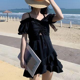 Off-shoulder Ruffled Plain Swimsuit