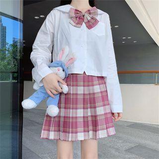 Plain Shirt / Plaid Bow Tie / Mini Pleated Skirt / Set