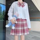 Plain Shirt / Plaid Bow Tie / Mini Pleated Skirt / Set