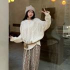 Crew-neck Cable Knit Sweater / Printed Leopard Wide-leg Pants