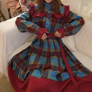 Plaid Ruffle Long-sleeve Midi A-line Dress As Shown In Figure - One Size
