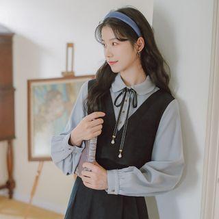 Mock Two-piece Bow Midi A-line Shirtdress