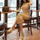 Long-sleeve Turtleneck Midi Sheath Knit Dress Almond - One Size