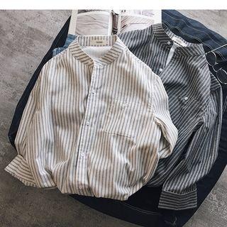 Mandarin Collar Striped 3/4-sleeve Shirt