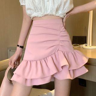 Plain Asymmetric Ruched Mini Mermaid Skirt