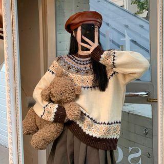Round Neck Pattern Sweater Almond - One Size