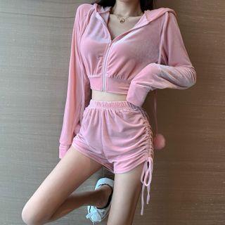Velvet Hooded Crop Top / High-waist Velvet Shorts