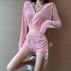 Velvet Hooded Crop Top / High-waist Velvet Shorts