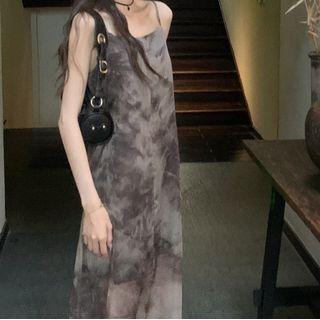Spaghetti Strap Tie-dyed Midi A-line Dress Grayish Green - One Size