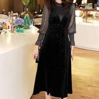 Set: Long-sleeve Mesh Top + Strappy Midi A-line Dress