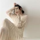Set: Long-sleeve Plain Shirred Dress + Slipdress