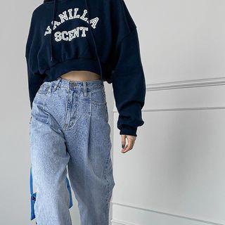 Drop-shoulder Letter Cropped Hoodie