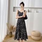 Set: Spaghetti Strap Floral Corduroy Midi A-line Dress + Long-sleeve Mock-neck Top