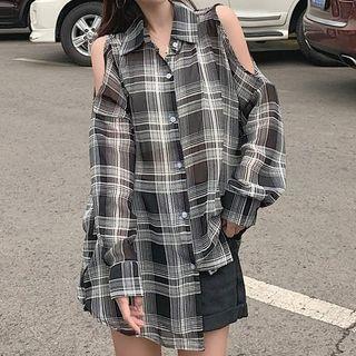 Chiffon Plaid Long-sleeve Shirt As Shown In Figure - One Size