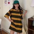 Elbow-sleeve Lettering Print Striped T-shirt