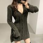 Long-sleeve Button-up Knit Mini Dress