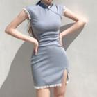 Sleeveless Lace Trim Mock-neck Mini Bodycon Dress