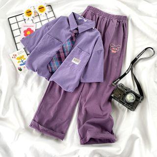 Elbow-sleeve Shirt / Neck-tie / Rabbit Print Wide-leg Pants