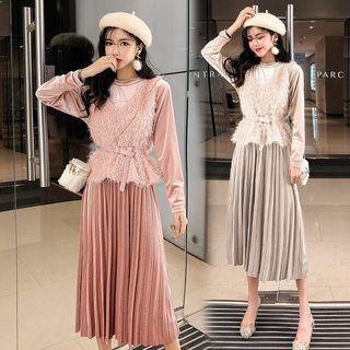 Set: Accordion Pleat Midi Velvet Dress + Furry Vest