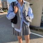 Long-sleeve Puff-sleeve Shirt / Single-breasted Vest / Accordion Pleat Semi Skirt