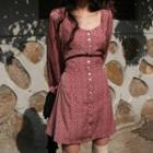 Puff-sleeve Square Neck Floral Dress Red - One Size