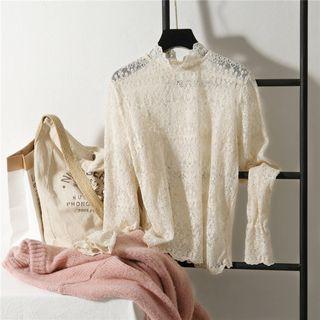 Long-sleeve Crochet Lace Top Almond - One Size