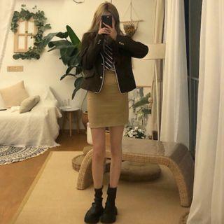 Tie-neck Shirt / Button-up Jacket / Mini Skirt